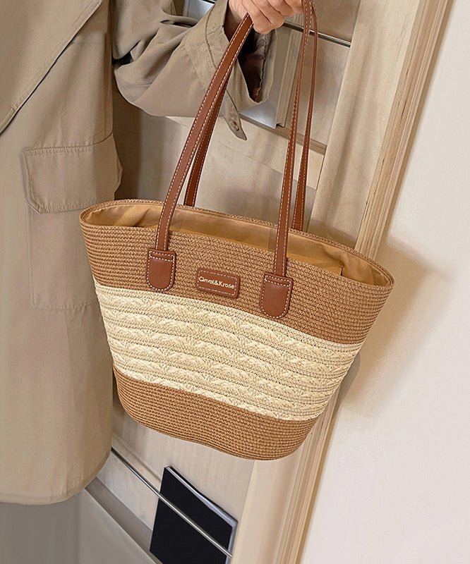 Khaki Woven Straw Shoulder Durable Stylish Capacity Bag Large FashionChic