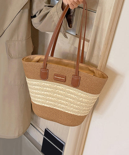 Khaki Woven Straw Shoulder Durable Stylish Capacity Bag Large FashionChic