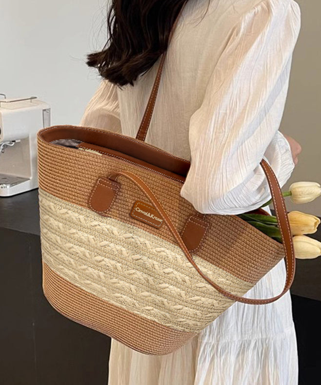 Khaki Woven Straw Shoulder Durable Stylish Capacity Bag Large FashionChic