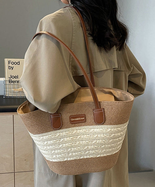 Khaki Woven Straw Shoulder Durable Stylish Capacity Bag Large FashionChic