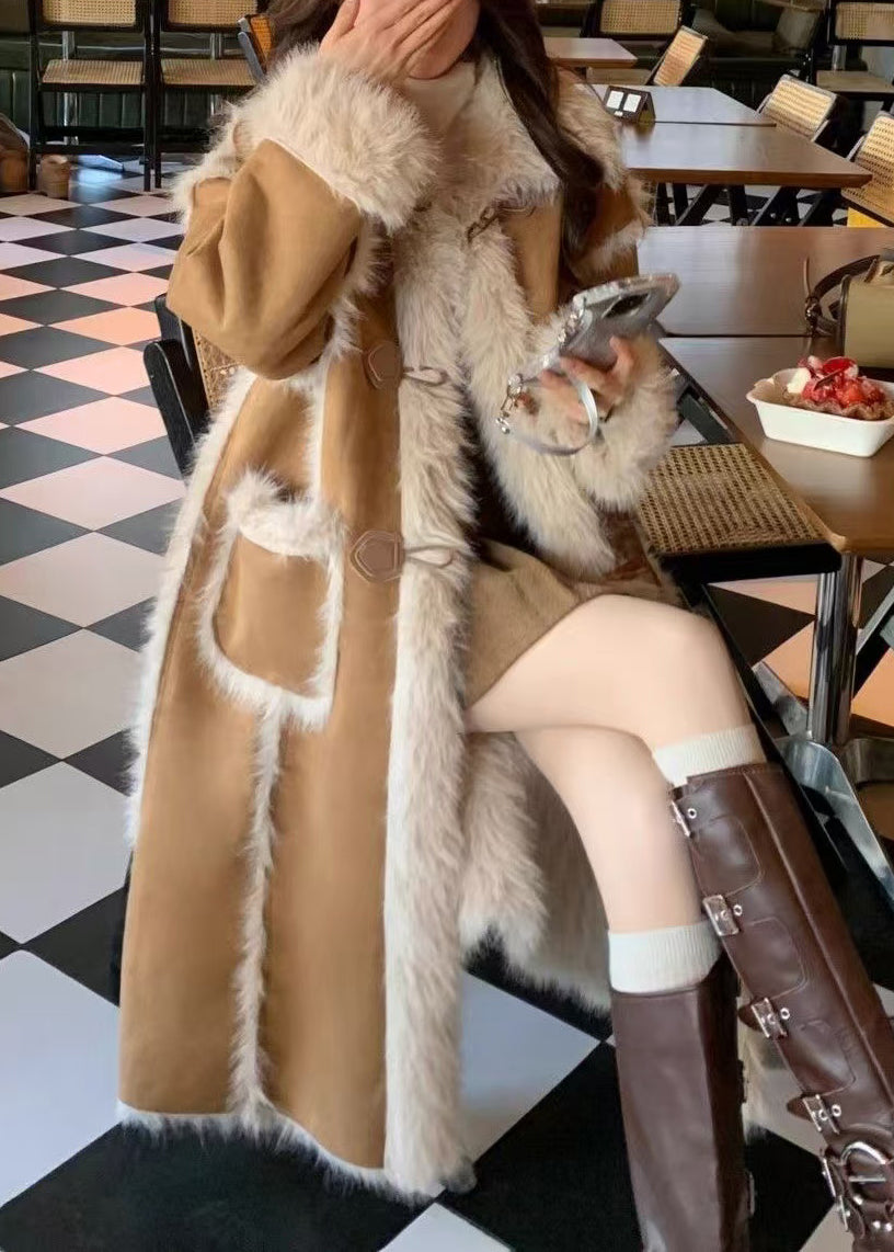 Stylish Khaki Pockets Patchwork Leather And Fur Warm Fleece Coat Winter YY011 ABC