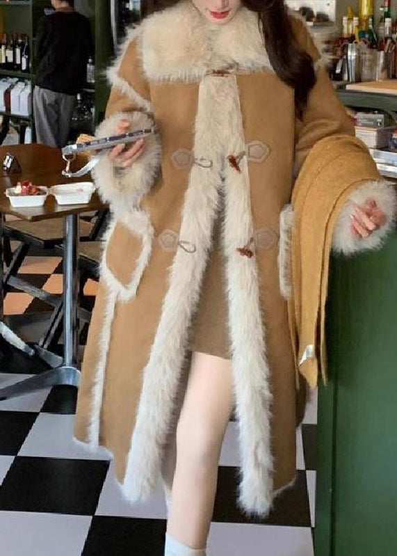 Stylish Khaki Pockets Patchwork Leather And Fur Warm Fleece Coat Winter YY011 ABC
