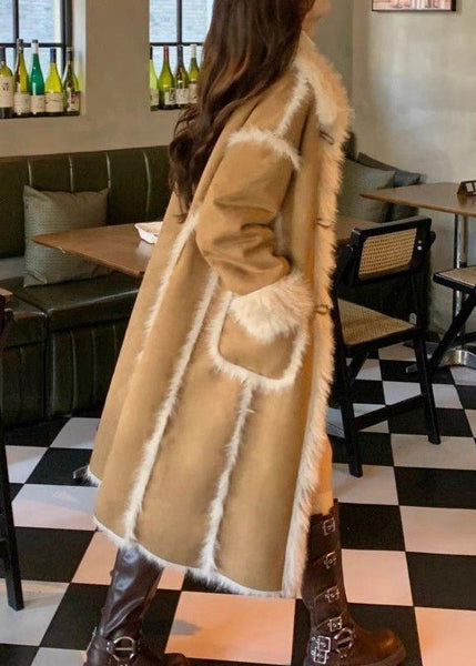 Stylish Khaki Pockets Patchwork Leather And Fur Warm Fleece Coat Winter YY011 ABC