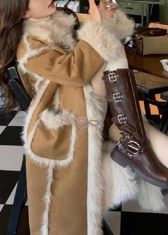 Stylish Khaki Pockets Patchwork Leather And Fur Warm Fleece Coat Winter YY011 ABC
