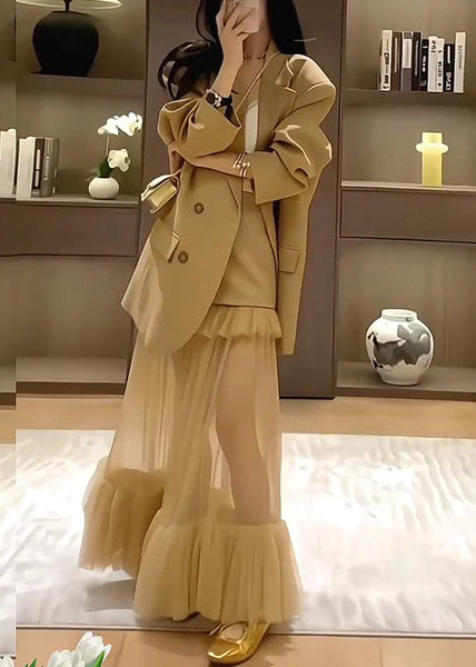Stylish Khaki Suit Coat And Skirts Two Pieces Set Spring YZ017 ABC