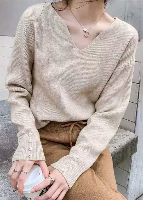 Stylish Khaki V Neck Solid Knit Sweater Spring TF002