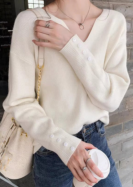 Stylish Khaki V Neck Solid Knit Sweater Spring TF002