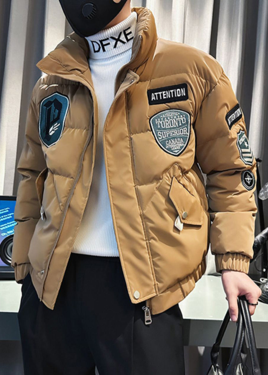 Stylish Khaki Zip Up Pockets Patchwork Men Parkas Winter WL005 MENCW241123