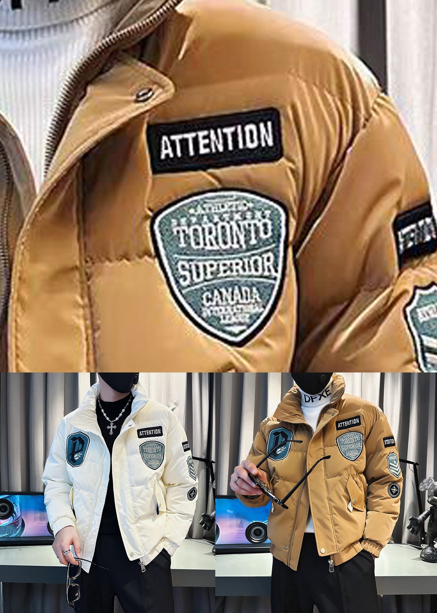 Stylish Khaki Zip Up Pockets Patchwork Men Parkas Winter WL005 MENCW241123