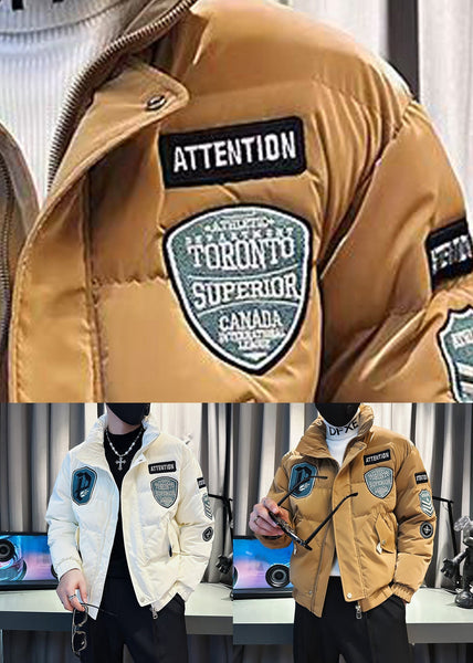 Stylish Khaki Zip Up Pockets Patchwork Men Parkas Winter WL005 MENCW241123