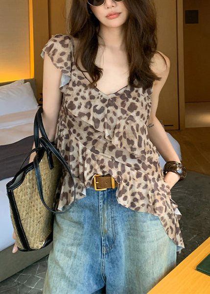 Ruffled Asymmetrical Sleeveless Top Tulle Stylish Leopard FashionChic