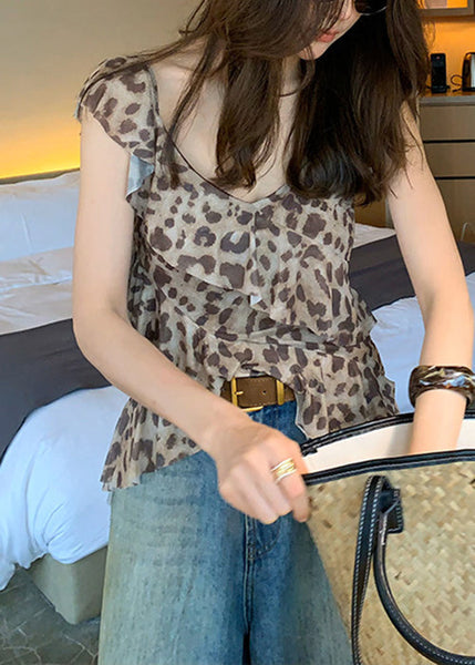 Ruffled Asymmetrical Sleeveless Top Tulle Stylish Leopard FashionChic