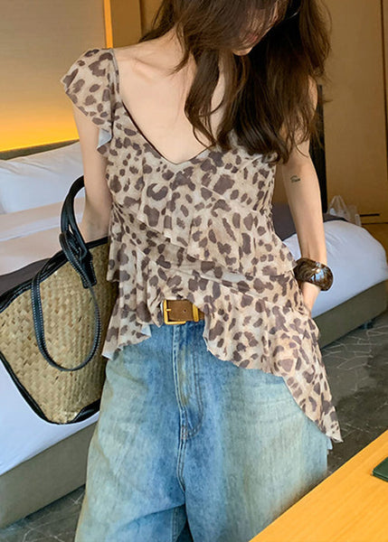 Ruffled Asymmetrical Sleeveless Top Tulle Stylish Leopard FashionChic