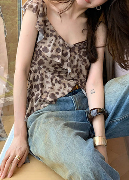 Ruffled Asymmetrical Sleeveless Top Tulle Stylish Leopard FashionChic