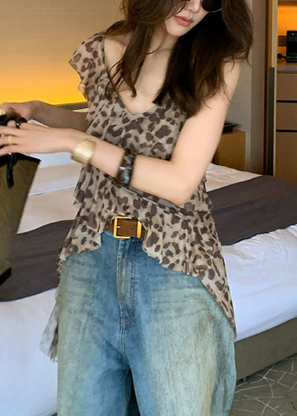 Ruffled Asymmetrical Sleeveless Top Tulle Stylish Leopard FashionChic