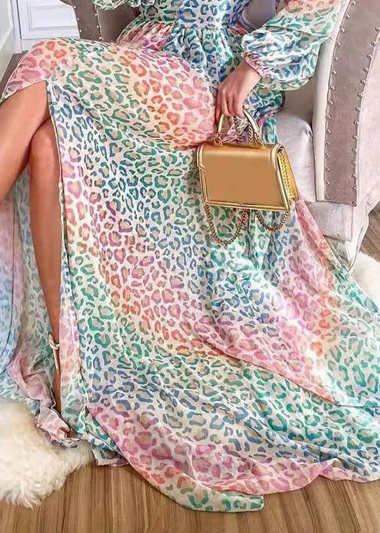 Stylish Leopard V Neck Side Open Cotton Long Dress Lantern Sleeve QR028 BB-ZS-WM-FDL240929