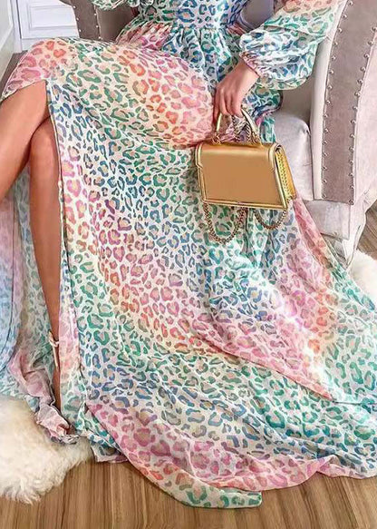 Stylish Leopard V Neck Side Open Cotton Long Dress Lantern Sleeve QR028 BB-ZS-WM-FDL240929