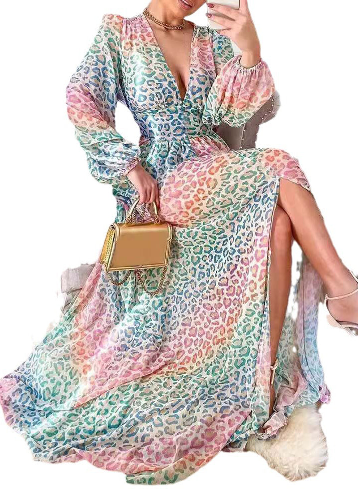 Stylish Leopard V Neck Side Open Cotton Long Dress Lantern Sleeve QR028 BB-ZS-WM-FDL240929