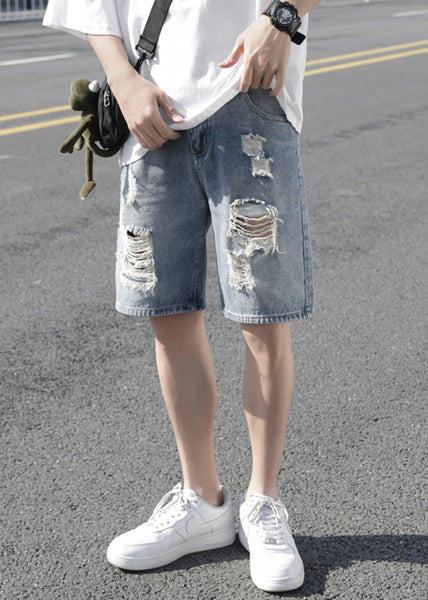 Stylish Light Blue Hole High Waist Denim Men Shorts Summer YL029 ABC