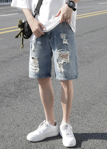 Stylish Light Blue Hole High Waist Denim Men Shorts Summer YL029 ABC