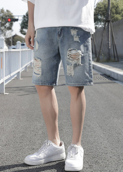 Stylish Light Blue Hole High Waist Denim Men Shorts Summer YL029 ABC