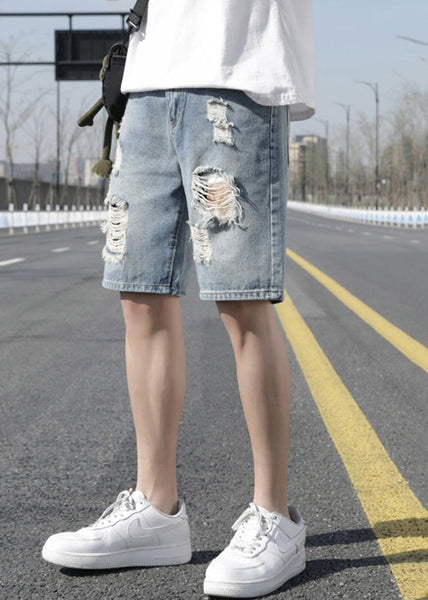 Stylish Light Blue Hole High Waist Denim Men Shorts Summer YL029 ABC