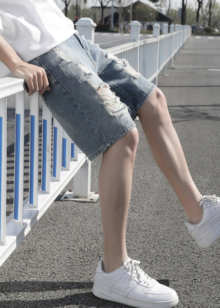Stylish Light Blue Hole High Waist Denim Men Shorts Summer YL029 ABC