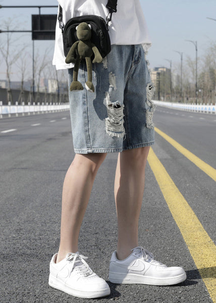 Stylish Light Blue Hole High Waist Denim Men Shorts Summer YL029 ABC