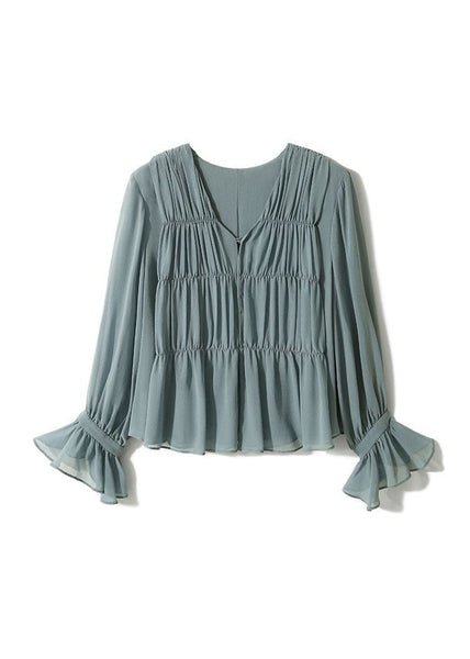 Stylish Light Brown V Neck Wrinkled Patchwork Cotton Blouse Top Spring TZ037