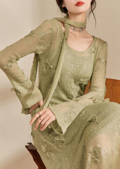 Stylish Light Green O-Neck Butterfly Knit Long Dress Fall OM001 ABC