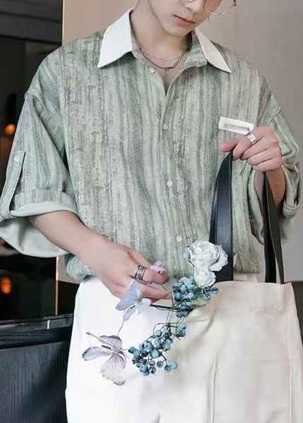 Men Button Striped Stylish Cotton Patchwork Green Shirts Light FashionChic