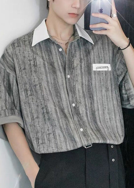 Men Button Striped Stylish Cotton Patchwork Green Shirts Light FashionChic