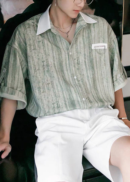 Men Button Striped Stylish Cotton Patchwork Green Shirts Light FashionChic