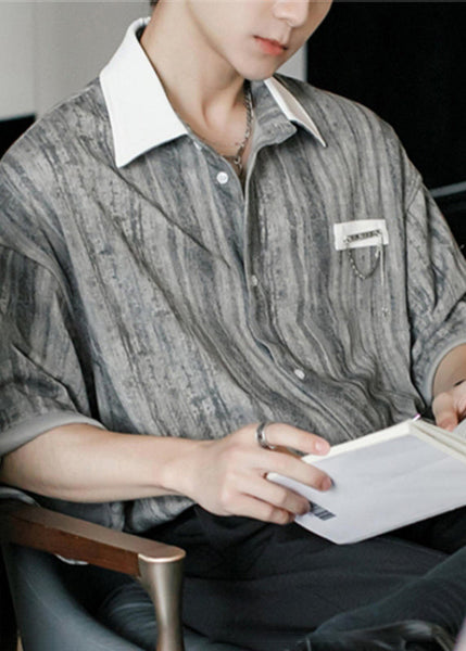 Men Button Striped Stylish Cotton Patchwork Green Shirts Light FashionChic