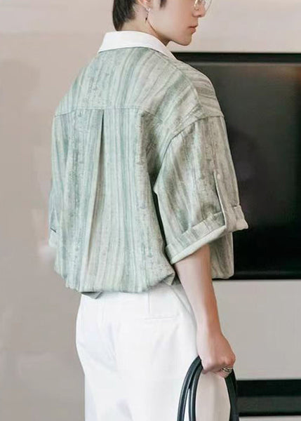 Men Button Striped Stylish Cotton Patchwork Green Shirts Light FashionChic