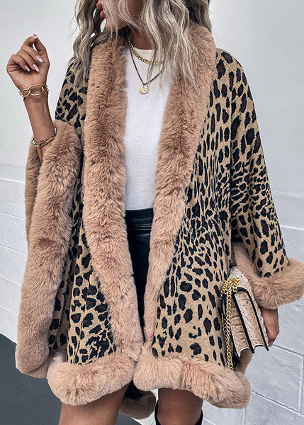 Stylish Loose Khaki Fur Collar Patchwork Knit Cape Batwing Sleeve QY035 BB-ZS-WM-NCT241002