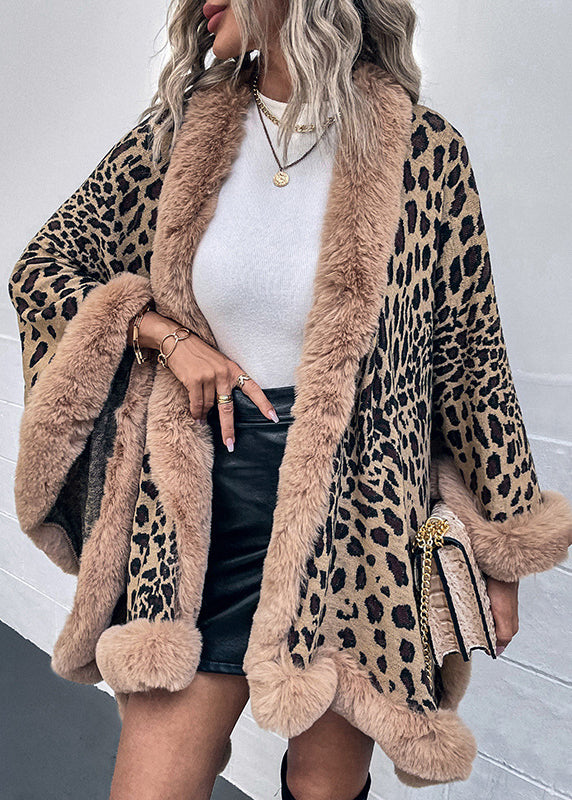 Stylish Loose Khaki Fur Collar Patchwork Knit Cape Batwing Sleeve QY035 BB-ZS-WM-NCT241002