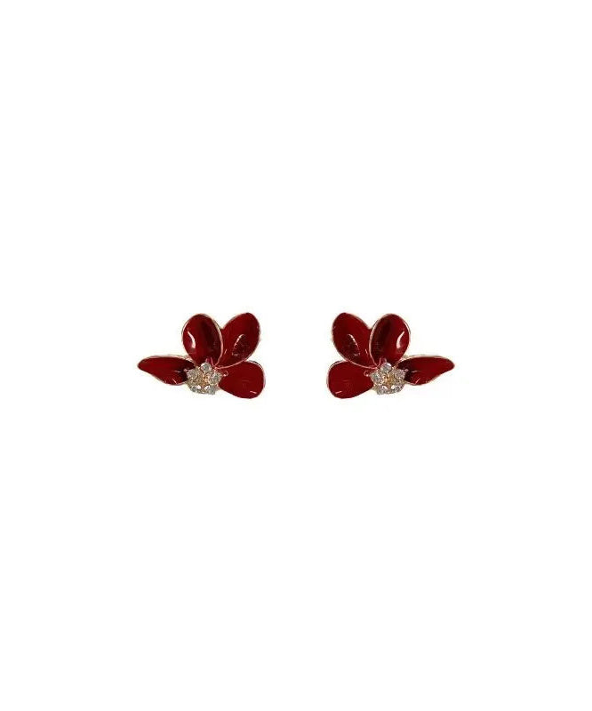 Stylish Mulberry Sterling Silver Overgild Asymmetrical Zircon Floral Stud Earrings ZZ036 JEW-EAR240613