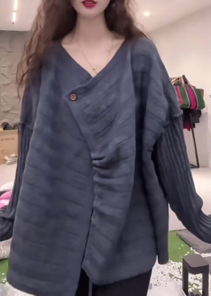 Stylish Navy Asymmetrical Patchwork Knit Tops Fall WE012 HS-LTP241028