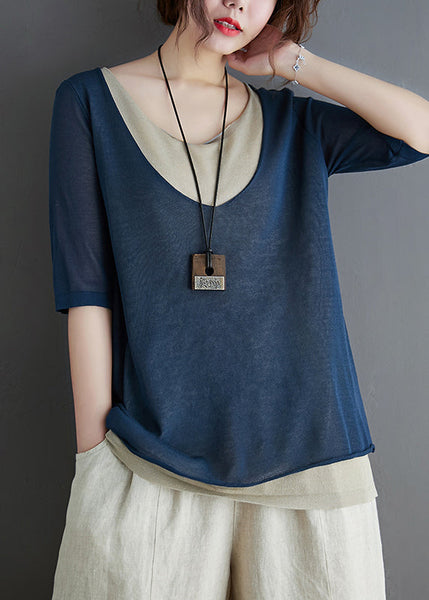 Stylish Summer Piece Two Navy Tops Patchwork Knit Fake FashionChic