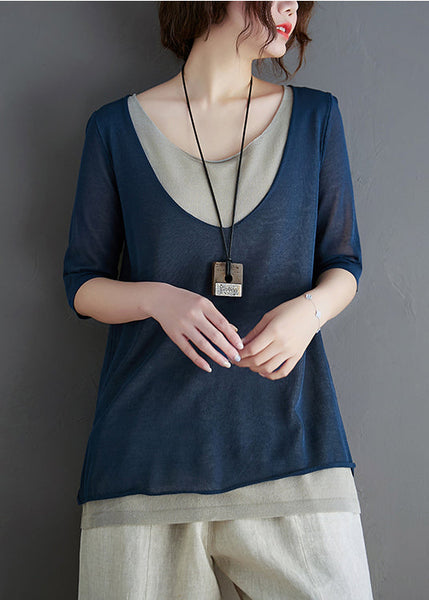 Stylish Summer Piece Two Navy Tops Patchwork Knit Fake FashionChic