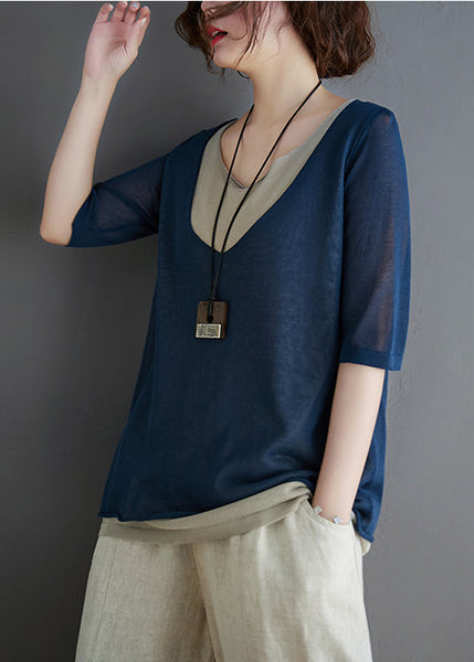 Stylish Summer Piece Two Navy Tops Patchwork Knit Fake FashionChic