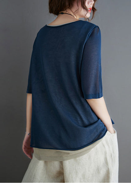 Stylish Summer Piece Two Navy Tops Patchwork Knit Fake FashionChic