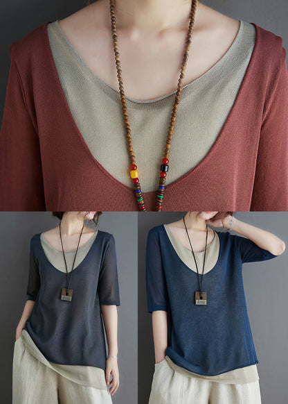Stylish Summer Piece Two Navy Tops Patchwork Knit Fake FashionChic