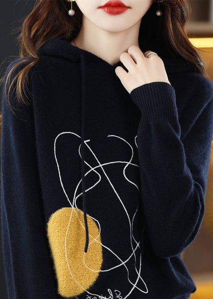 Stylish Navy Print Wool Knit Hooded Sweater Fall QT014 OL-NTP241001