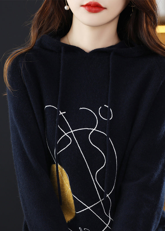 Stylish Navy Print Wool Knit Hooded Sweater Fall QT014 OL-NTP241001