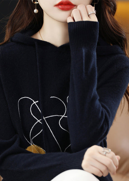 Stylish Navy Print Wool Knit Hooded Sweater Fall QT014 OL-NTP241001