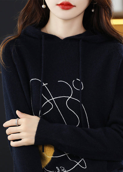 Stylish Navy Print Wool Knit Hooded Sweater Fall QT014 OL-NTP241001