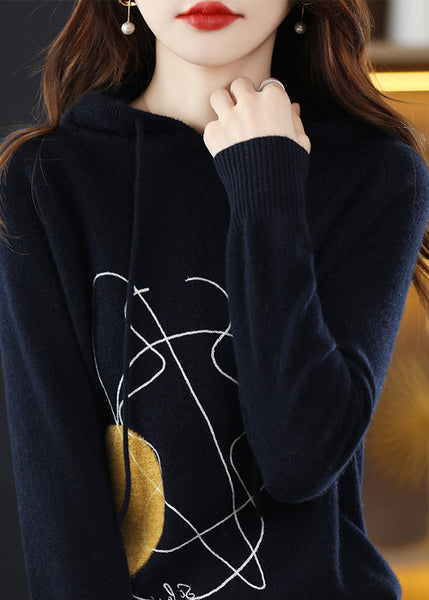 Stylish Navy Print Wool Knit Hooded Sweater Fall QT014 OL-NTP241001