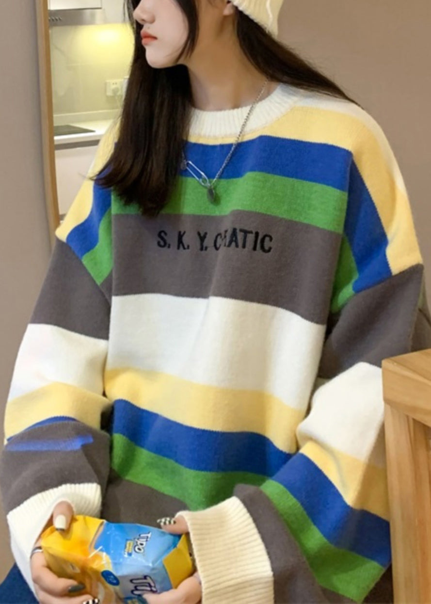 Stylish Navy Striped Embroideried Knit Men Sweater Fall QH030 MENSW241019